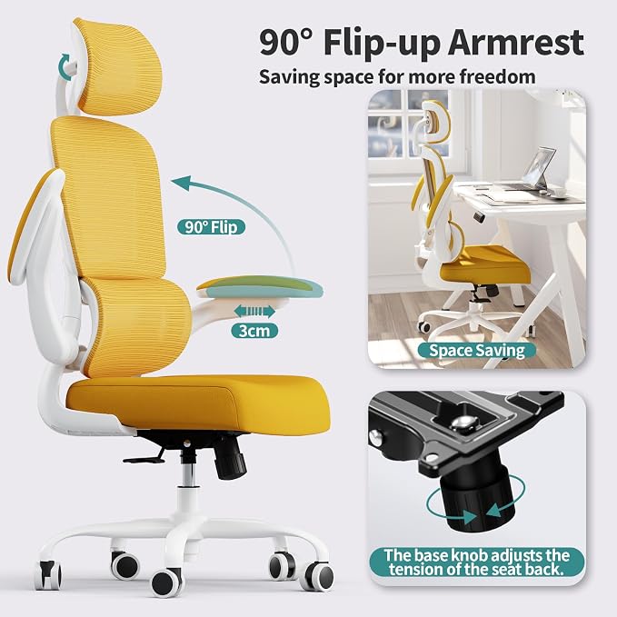 TRALT Office Chair Ergonomic Desk Chair, 330 LBS Home Mesh Office Desk Chairs with Wheels, Comfortable Gaming Chairs (1, Yellow)