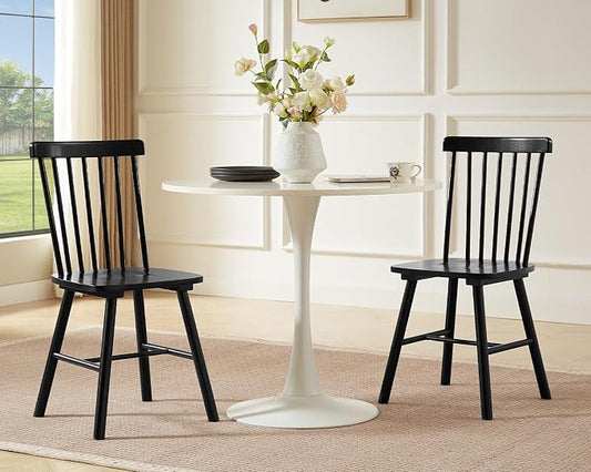 PrimeZone Windsor Dining Chairs Set of 2 - Solid Rubber Wood Farmhouse Kitchen Chair with Spindle Back, Mid-Century Modern Side Dining Chair for Dining Room, Kitchen & Restaurant, Black