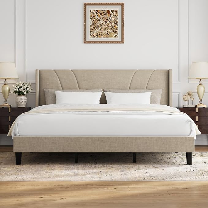 Novilla King Bed Frame, King Bed Frame with Headboard, Linen Upholstered Wing Side Headboard, No Box Spring Needed, Heavy Duty Feet, Easy Assembly, Beige