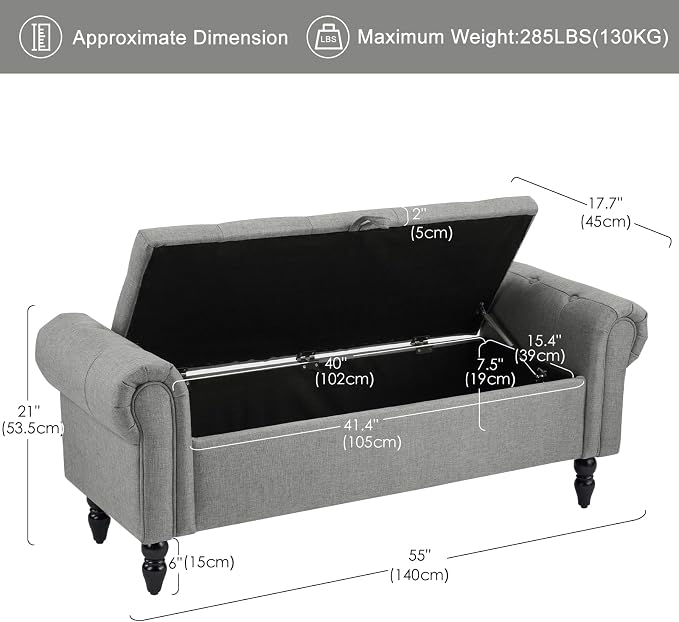 Furniliving 55” End of Bed Bench, Bedroom Bench with Button-Tufted, Large Upholstered Storage Ottoman Entryway Bench with Storage Shoe Cabinet Bench, for Bedroom, Linen, Grey