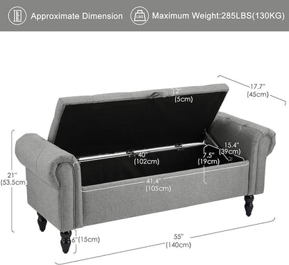 Furniliving 55” End of Bed Bench, Bedroom Bench with Button-Tufted, Large Upholstered Storage Ottoman Entryway Bench with Storage Shoe Cabinet Bench, for Bedroom, Linen, Grey