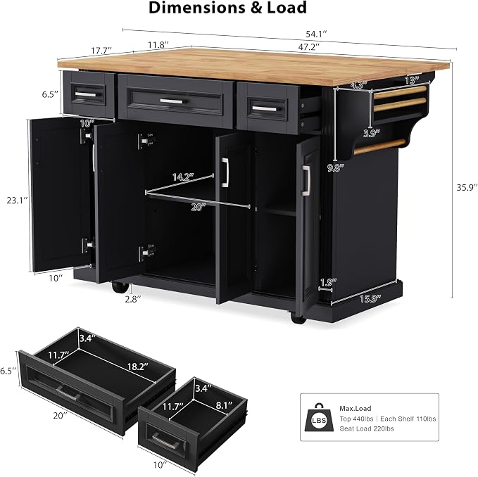 Large Kitchen Island with Rubber Wood Drop Leaf, Rolling Kitchen Cart with Ample Storage on Wheels with Doors and Drawers, Embossed Texture for Dining Room (Black, Silver Handle, 54Inch)
