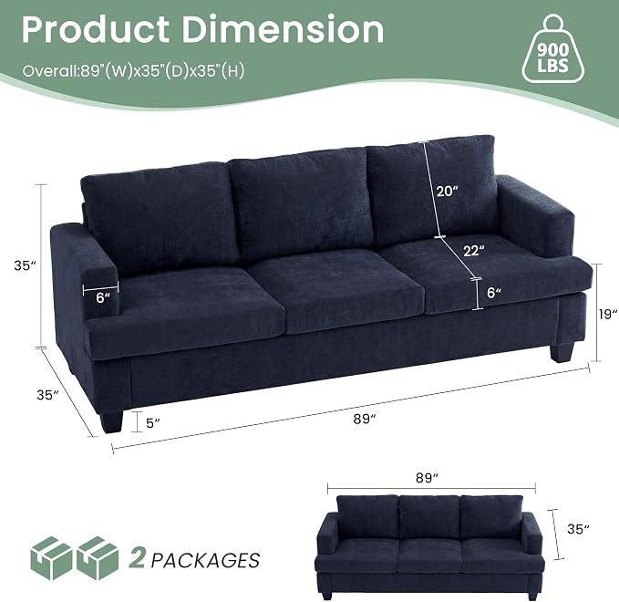 YOUDENOVA Sofa, 89" 3-Seater Deep Seat Sofa, Modern Comfy Couches for Living Room Apartment Lounge, Navy Chenille