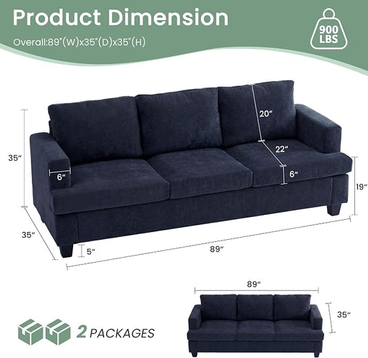 YOUDENOVA Sofa, 89" 3-Seater Deep Seat Sofa, Modern Comfy Couches for Living Room Apartment Lounge, Navy Chenille