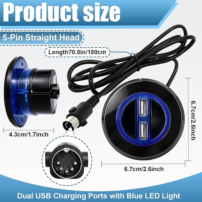 Power Recliner Switch Replacement with Dual USB Ports, 2 Button 5 Pin Round Hand Control, 1.8M Power Recliner Remote Compatible with Ashley Okin Limoss Lane KDPT Kaidi Lift Chair Recliner Sofa