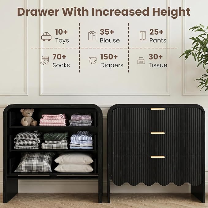 Scalloped Black 3 Drawer Dresser for Bedroom, 32'' Wide Large Drawer Nightstand,3 Drawer End Table Living Rooms, Offices, and Entryway