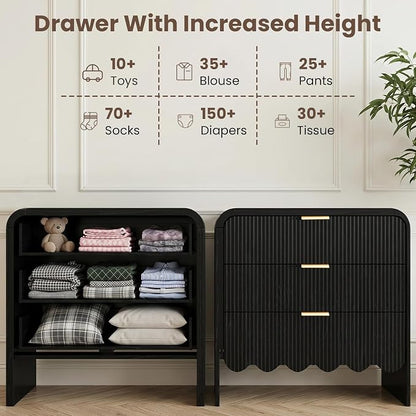 Scalloped Black 3 Drawer Dresser for Bedroom, 32'' Wide Large Drawer Nightstand,3 Drawer End Table Living Rooms, Offices, and Entryway