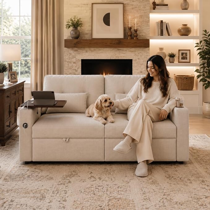 73" Queen Size Sofa Bed, Loveseat Sleeper Sofa with Pull Out Bed, 360° Swivel Table and USB, Modern 2 Seater Convertible Corduroy Couch for Living Room Bedroom Apartment, Beige