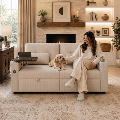 73" Queen Size Sofa Bed, Loveseat Sleeper Sofa with Pull Out Bed, 360° Swivel Table and USB, Modern 2 Seater Convertible Corduroy Couch for Living Room Bedroom Apartment, Beige