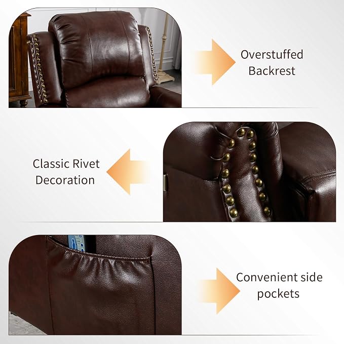 HAOMARKETS Classic Power Recliner Chair with Massage and Heat, Breathable Faux Leather Electric Recliner with USB&Type-C Ports, Overstuffed Reclining Sofa with Rivets for Living Room, Caramel Brown