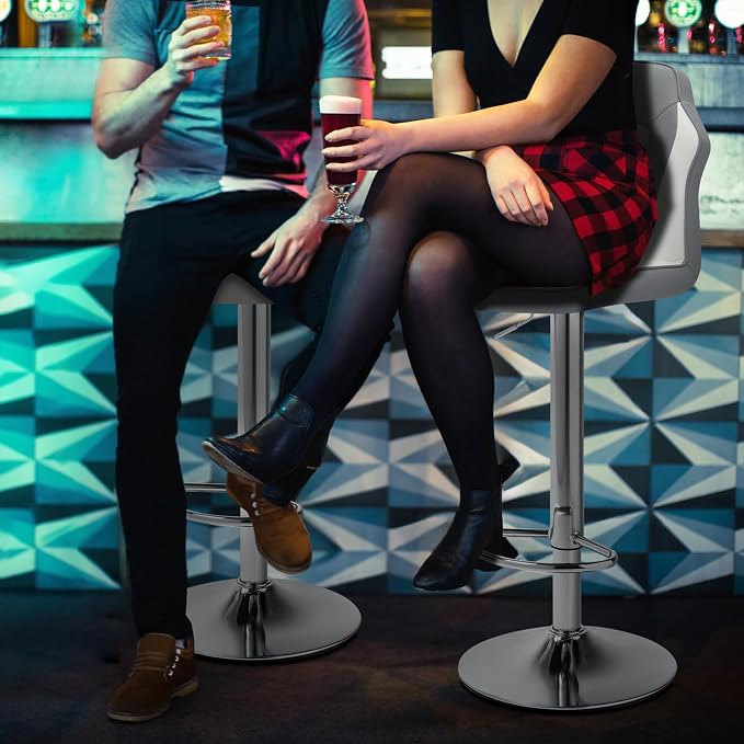 Racing Style Bar Stools Set of 2, Adjustable Counter Height Chairs with Faux Leather, 360° Swivel Bar Stools with Backs, Racing Seat Bar Stool Chairs, Gray/White