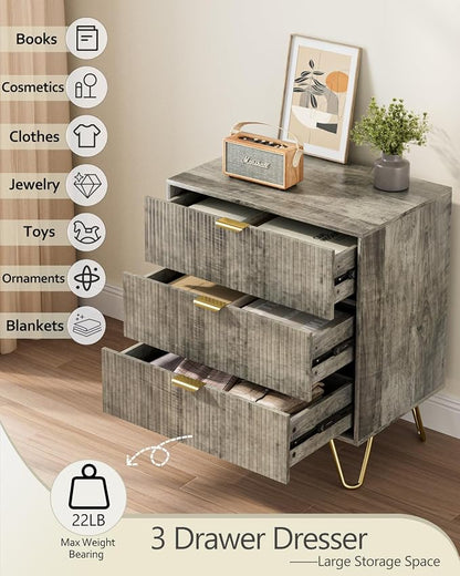 Grey Dresser for Bedroom, Modern Fluted 3 Drawer Dresser with Storage, Dresser Chest of Drawers with Gold Handles for Bedroom, Living Room, Closet, Hallway, 15.8" D x 23.6" W x 27.6" H