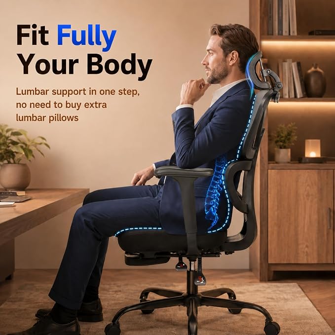 Ergonomic Office Chair with Footrest - High Back Mesh Computer Desk Chair | with Back Support, 135° Reclining, 4D Armrest & Headrest, 400lbs Thickened Seat Cushion, for Home Office, Work & Gaming