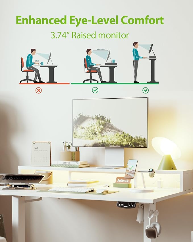 Agilestic 55 x 24 Inch Electric Standing Desk with Shelf, Height Adjustable Desk with Power Outlets & LED, Sit Stand Up Table with Monitor Stand, Computer Workstation, White