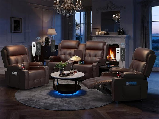 Recliner Sofa Set, Home Theater Seating with Massage, Loveseat Recliner Couch and 2 Recliner Single Chairs with USB, Wall Hugger Reclining Movie Theater Chair with Cup Holders, Drawer for Gaming Room