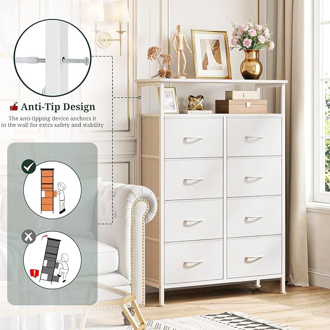 8 Drawers Dresser with Open Shelf, 46" Tall Storage Organizer Chest of Drawer with Wooden Top, Sturdy Metal Frame for Bedroom, Hallway, Living Room, White