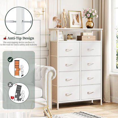 8 Drawers Dresser with Open Shelf, 46" Tall Storage Organizer Chest of Drawer with Wooden Top, Sturdy Metal Frame for Bedroom, Hallway, Living Room, White