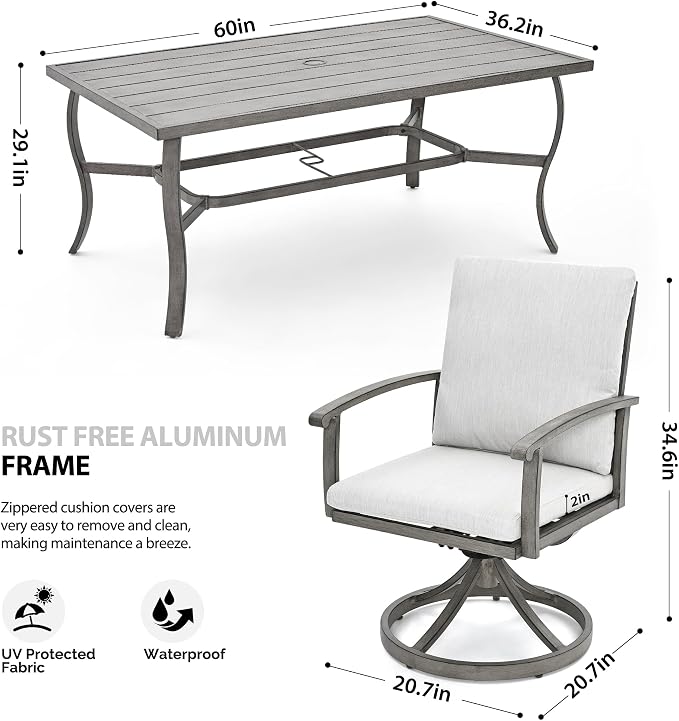 HAPPATIO 7 Piece Patio Swivel Dining Set, Aluminum Outdoor Dining Set for 6,Dining Table and Chairs Set, Patio Dining Furniture with Aluminum Table, Swivel Chairs and Washable Cushions (Gray)