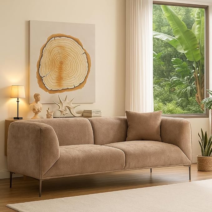 82.68" Modern Upholstered Sofa with Straight Design, Full and Soft Seating, Includes 2 Throw Pillows, 3 Seats,Fabric Couch with Metal Legs for Living Room, Office, Apartment (Camel)