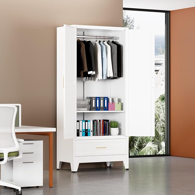 Metal Armoire Wardrobe Closet with Drawers, 71" Wardrobe Cabinet with Adjustable Shelves and Hanging Rod for Bedroom, White Metal Closet Storage Cabinet with 2 Doors & 1 Drawer