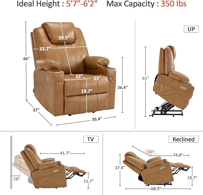 MCombo Power Lift Recliner Chair for Elderly 7516(Tawny, Large) | Heat and Massage, Breathable Faux Leather, USB& Type C Charging Port, FSC Certified