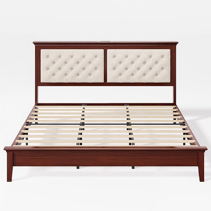 Lifezone Solid Wood King Bed Frame 46” Tall Diamond-Tufted Upholstered Headboard, American Classic Flat-Top Bed, Stable Structure, Wood Slats Support, Noise-Free, No Box Spring Needed,Reddish Brown