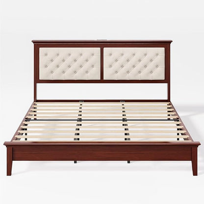 Lifezone Solid Wood King Bed Frame 46” Tall Diamond-Tufted Upholstered Headboard, American Classic Flat-Top Bed, Stable Structure, Wood Slats Support, Noise-Free, No Box Spring Needed,Reddish Brown