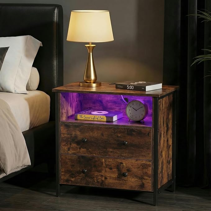 27 Inch LED Nightstand with Charging Station, 2 Drawers, Retro | Solid Wood and Steel Frame, 2 AC Outlets, 2 USB Ports, RGB App Control, Open Storage, Adjustable Feet, for Bedroom or Office
