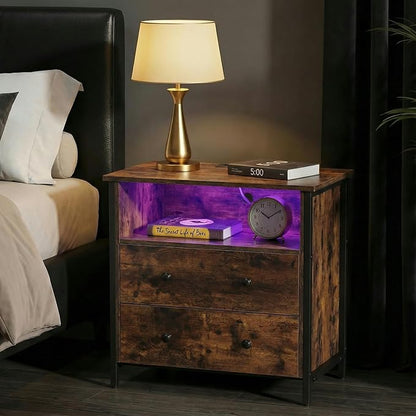 27 Inch LED Nightstand with Charging Station, 2 Drawers, Retro | Solid Wood and Steel Frame, 2 AC Outlets, 2 USB Ports, RGB App Control, Open Storage, Adjustable Feet, for Bedroom or Office