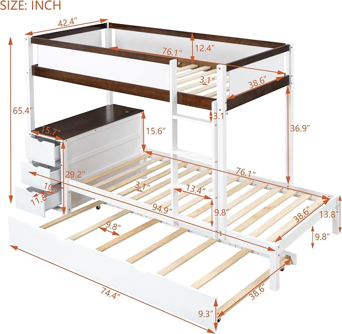 Harper & Bright Designs Twin Over Twin Bunk Bed Twin Size Trundle, Wood Twin Bunk Bed with USB Ports, Storage and Desk, White+Walnut