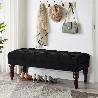 24KF Velvet Upholstered Buttons Tufted Entryway Bench with Solid Wood Leg,Bed Bench Ottoman with Padded Seat,5061N-Black