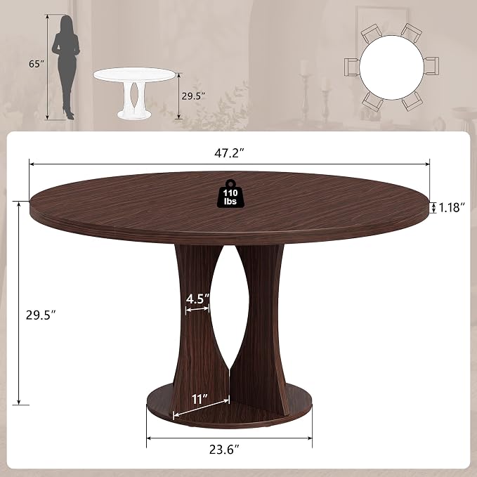Einhomn 47.2-inch Round Dining Table, Kitchen Table for 4-6, Farmhouse Circle Dining Room Table, Space Saving Wood Kitchen & Dining Room Furniture, Black Oak
