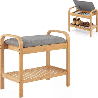 Giantex Small Entryway Bench with Storage, 2-Tier Bamboo Shoe Rack Bench with Flip Top Storage Space and Padded Cushion, Shoe Organizer for Entryway, Living Room, Hallway, Bedroom,Natural