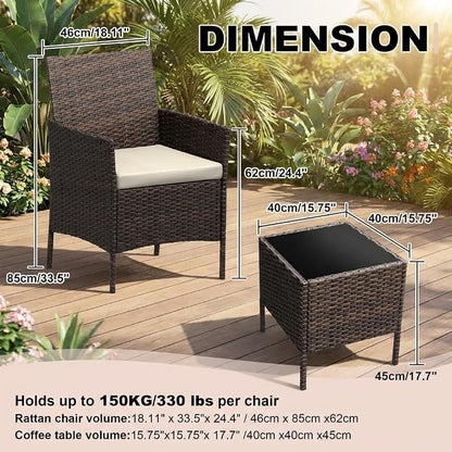 3PCS Outdoor Patio Bistro Set, PE Rattan Wicker Armchairs with Water-Resistant Cushions & Tempered Glass Coffee Table, All-Weather Conversation Set for Garden, Backyard, Porch, Poolside, Brown/Beige