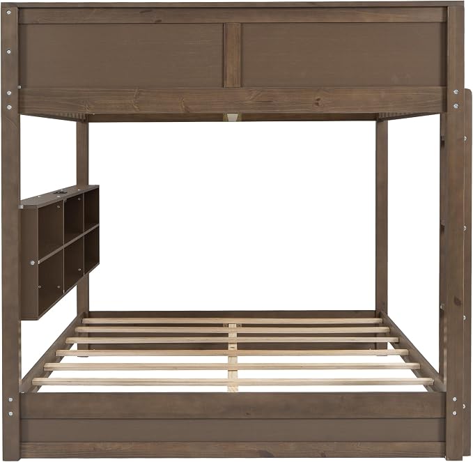 Wood Bunk Bed Queen over Queen Size with Built-in Storage Cabinets and USB Ports, Versatile Bunk Bed Frame with Ladder and Guardrail for Kids Teens Adult, Maximize Space (Antique Wood-9.30)