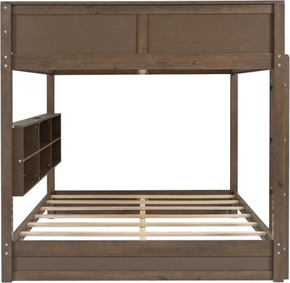 Wood Bunk Bed Queen over Queen Size with Built-in Storage Cabinets and USB Ports, Versatile Bunk Bed Frame with Ladder and Guardrail for Kids Teens Adult, Maximize Space (Antique Wood-9.30)