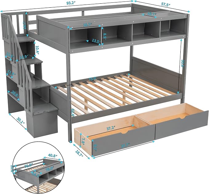 MERITLINE Twin Over Full Bunk Bed with Stairs, Storage Shelves and Drawers, Solid Wood Bunk Bed Frame with Storage, for Teens Adults (Grey)