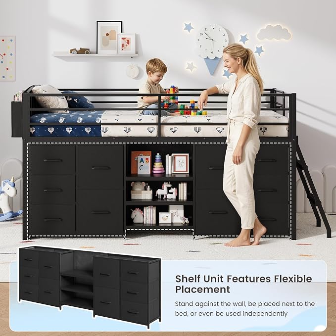 ELYKEN Low Loft Bed Twin Size with 10 Storage Drawers,Twin Loft Bed with Bookcase and LED Lights,Metal Kids Loft Bed with Safety Guardrail,Inclined Ladder & Play Curtain, Under-Bed Play Space, Black