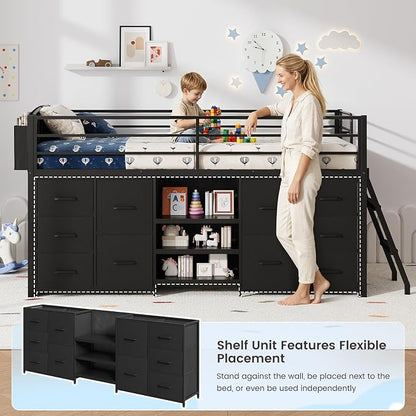 ELYKEN Low Loft Bed Twin Size with 10 Storage Drawers,Twin Loft Bed with Bookcase and LED Lights,Metal Kids Loft Bed with Safety Guardrail,Inclined Ladder & Play Curtain, Under-Bed Play Space, Black