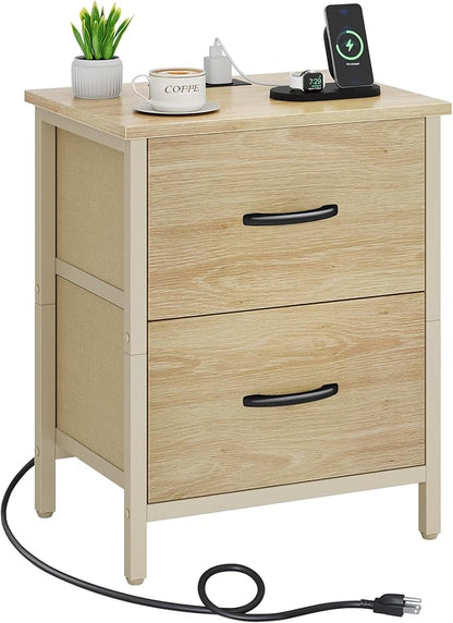 Vagusicc Nightstand with Charging Station, Bedside Table with USB Ports and Outlet, End Table Side Table with 2 Fabric Drawers for Bedroom, Living Room, Natural