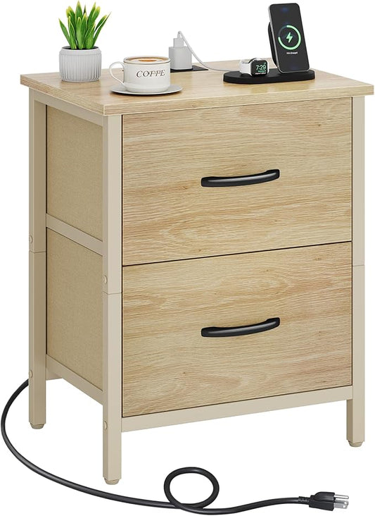 Vagusicc Nightstand with Charging Station, Bedside Table with USB Ports and Outlet, End Table Side Table with 2 Fabric Drawers for Bedroom, Living Room, Natural