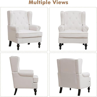 Accent Chair for Living Room, Mid Century Modern Upholstered Armchair, Wingback Chair with Tufted High Back and Solid Legs, Comfy Side Chairs Single Sofa for Bedroom, Beige
