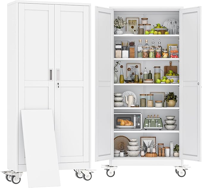 75" H Metal Pantry Storage Cabinet with Wheels,Rolling Kitchen Pantry Cabinet with 2 Doors and 5 Adjustable Shelves, Locker Steel Cabinet,Organization Cabinet for Garage,Home,Gym,School,White
