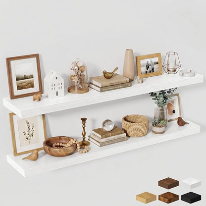 Fun Memories 55 Inch Fireplace Mantel Shelf, 10 Inch Deep Shelves for Display & Wall Storage, Rustic Wood Wall Shelf, Extra Long Floating Shelves for Living Room Laundry Room, White, Set of 2