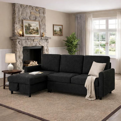 JAMFLY 77" Pull Out Sleeper Sofa Bed with Storage Chaise, L-Shaped Corduroy Sectional Couch, 3-Seater Convertible Sofa Bed for Small Space, Apartment & Guest Room, Pet-Friendly & Easy Assembly, Black