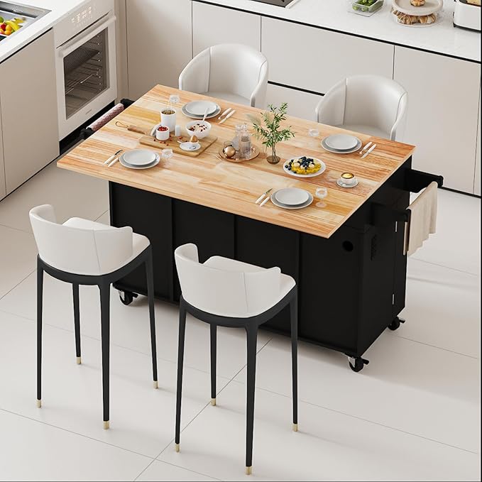 59 Kitchen Island Cart with Drop Leaf Breakfast Bar, Rolling Mobile Kitchen Island Table on Wheels with Storage Cabinet, Drawer, Spice/Towel Rack, Black