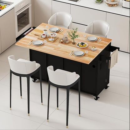 59 Kitchen Island Cart with Drop Leaf Breakfast Bar, Rolling Mobile Kitchen Island Table on Wheels with Storage Cabinet, Drawer, Spice/Towel Rack, Black