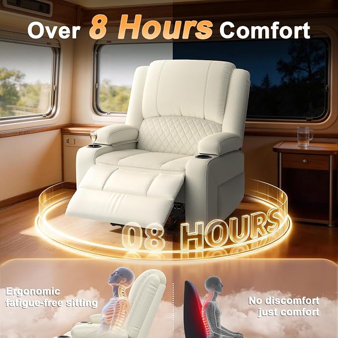 Oversized Manual Recliner Chair, 3 Angle Recliner Home Theater Seating, RV Recliner Single Sofa with Hidden Arm Storage, Cup Holder & Side Pocket (Single, White)