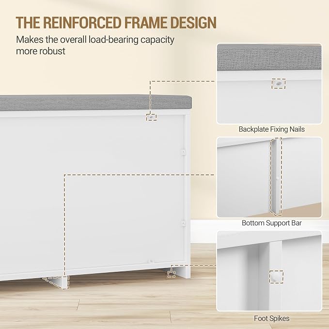 Hzuaneri 2 Tier Shoe Storage Bench with Doors, 59" Farmhouse Shoe Bench with Padded Cushion, 12-16 Pairs of Bed End Bench, Entryway Bench with Storage for Bedroom, Living Room, White SB61503X