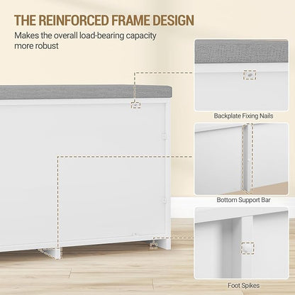 Hzuaneri 2 Tier Shoe Storage Bench with Doors, 59" Farmhouse Shoe Bench with Padded Cushion, 12-16 Pairs of Bed End Bench, Entryway Bench with Storage for Bedroom, Living Room, White SB61503X